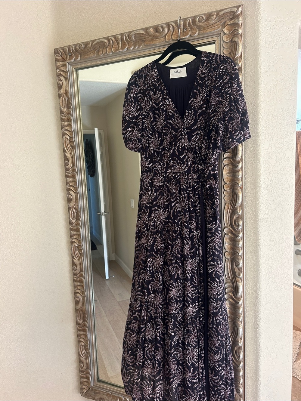 ba&sh Black Maxi Wrap Dress with Cream Print